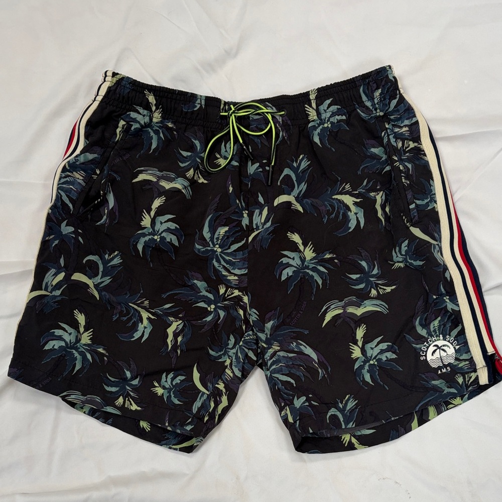 Scotch & Soda Black Palm-Print Swim Shorts with Striped Side Tape